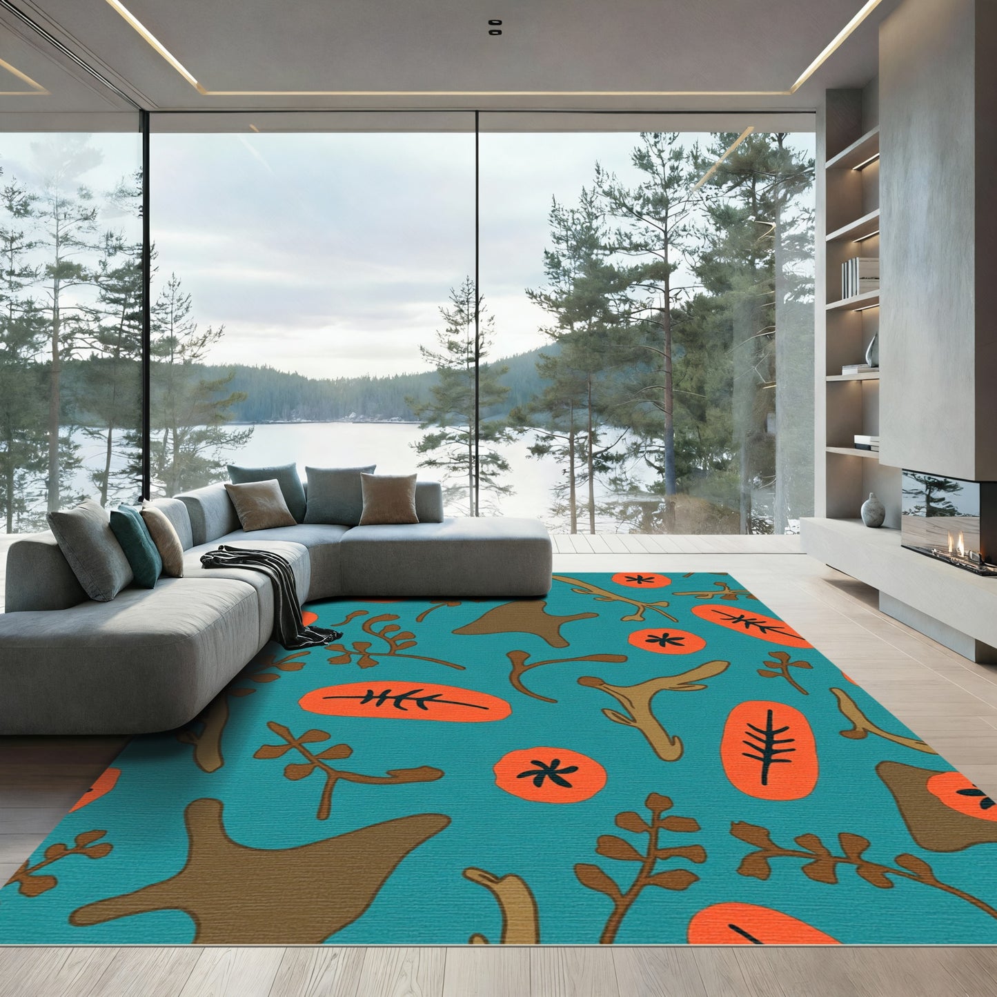 Teal Orange Abstract Organic Shapes Rug