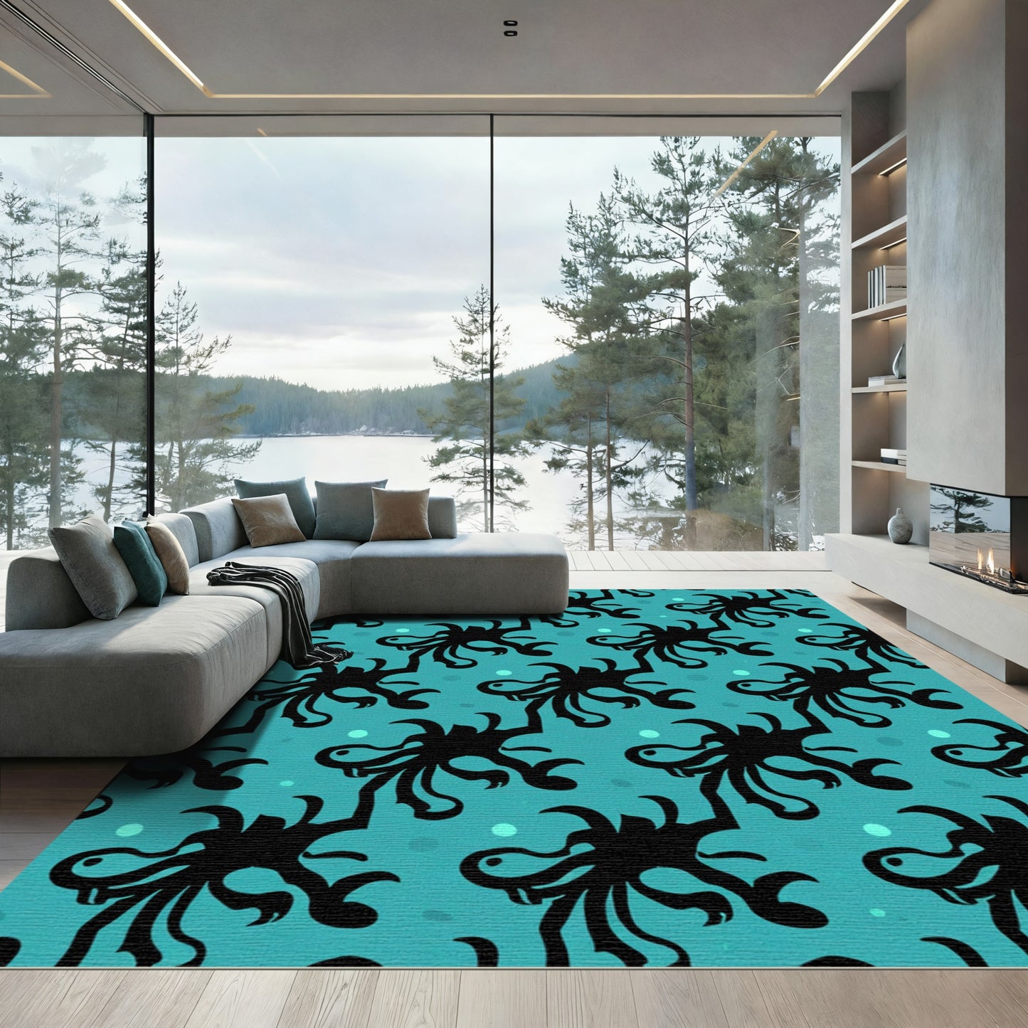 Teal Black Tentacle Aquatic Creature Rug