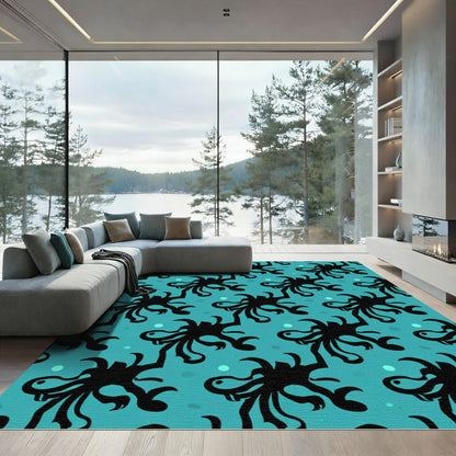 Teal Black Tentacle Aquatic Creature Rug