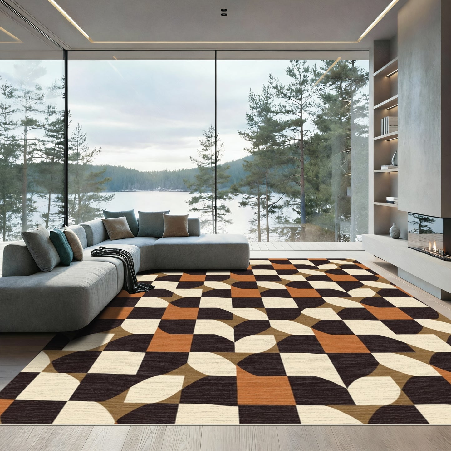 Retro Checkered Squares Interlocking Design Rug
