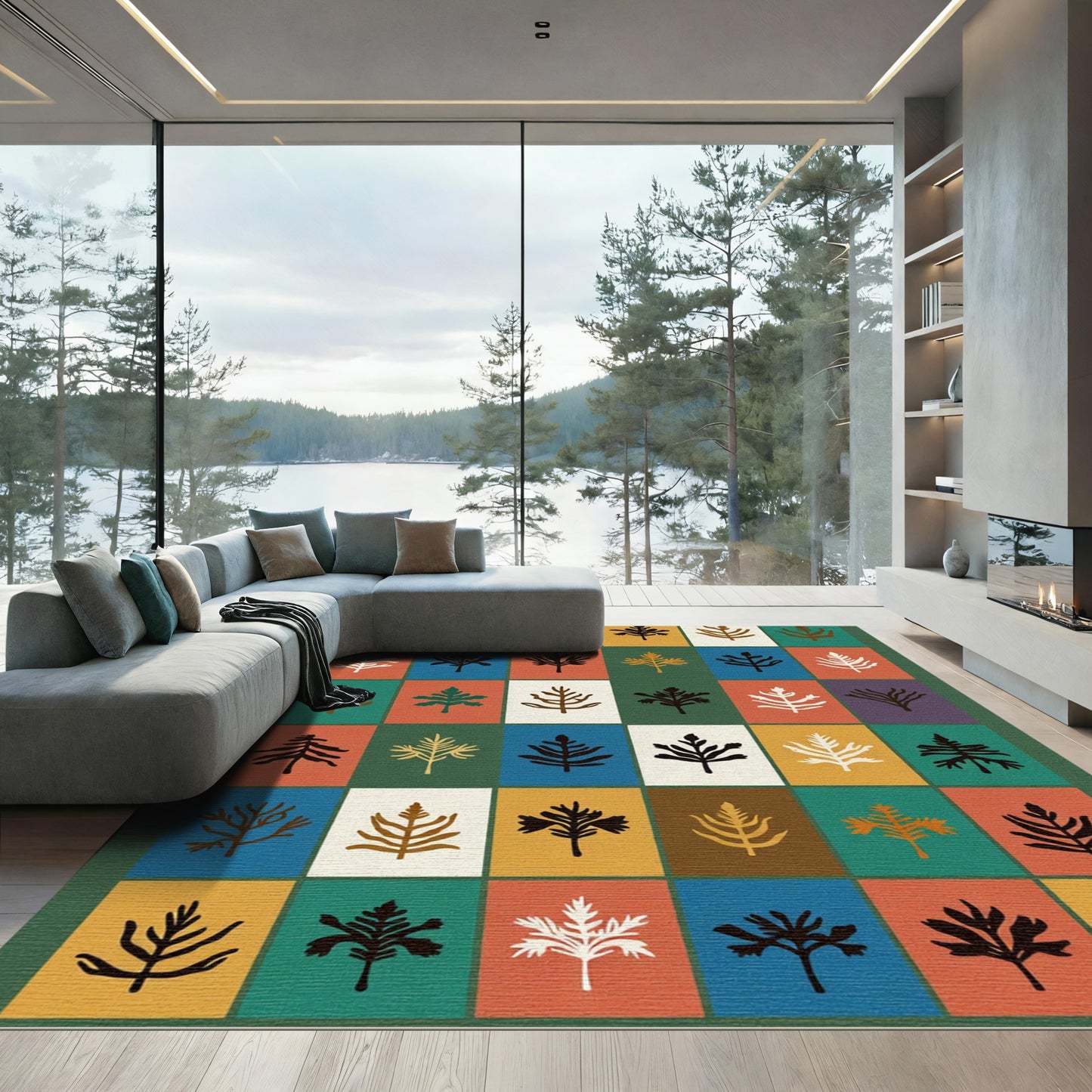 Cozy Autumn Leaf Grid Rug