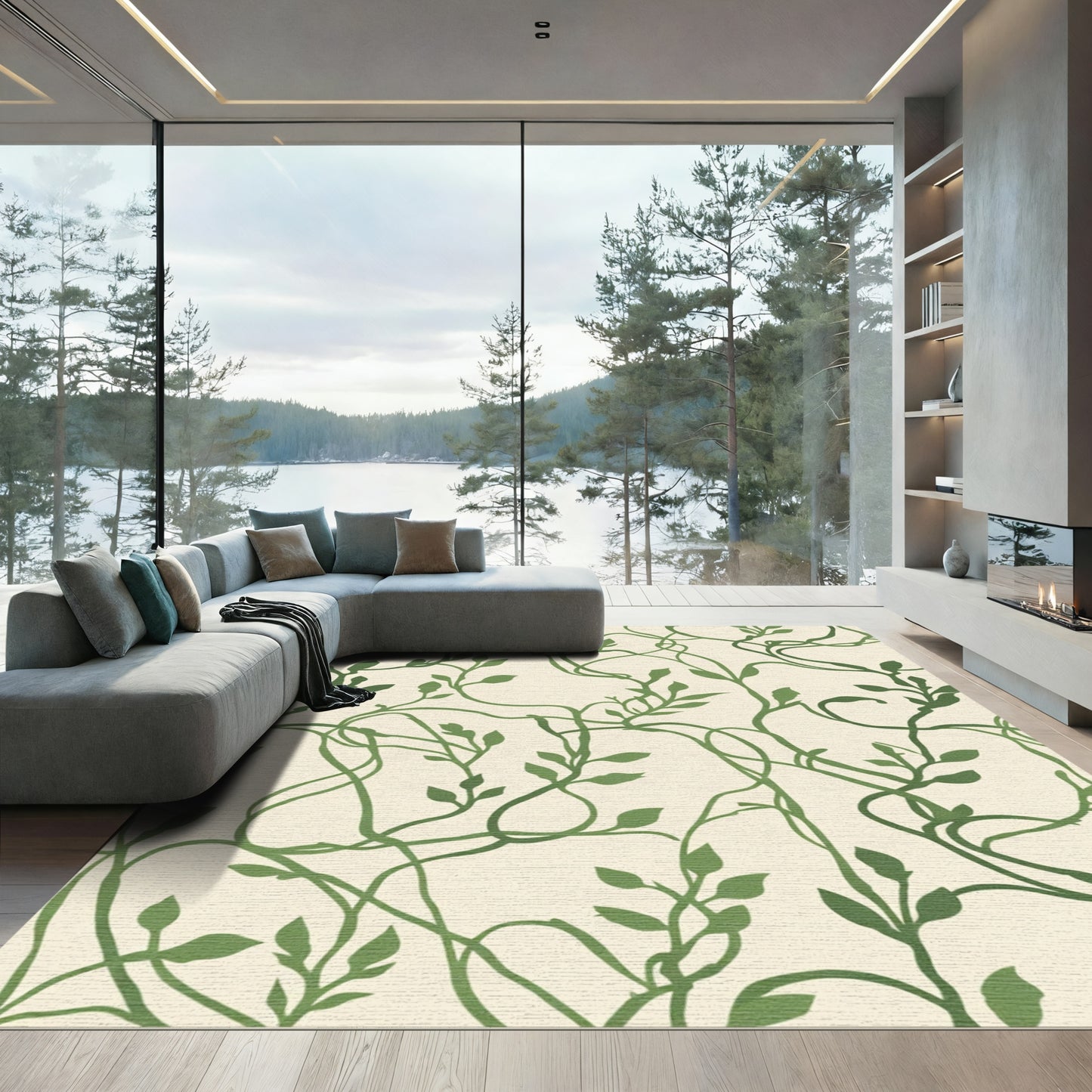 Green Vine Silhouette On Cream Background Rug