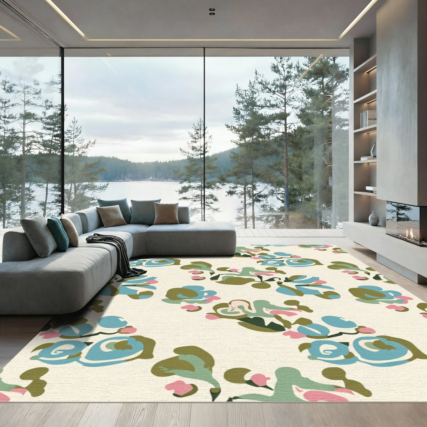 Abstract Floral Arrangement Green Blue Pink Rug