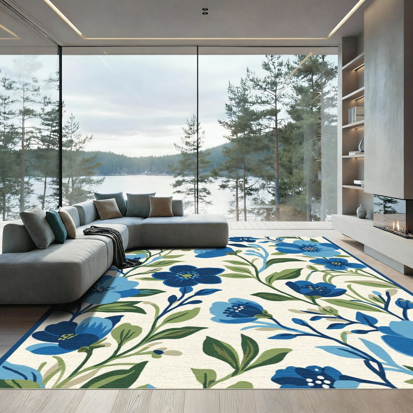 Deep Blue Floral Vine Arrangement Rug