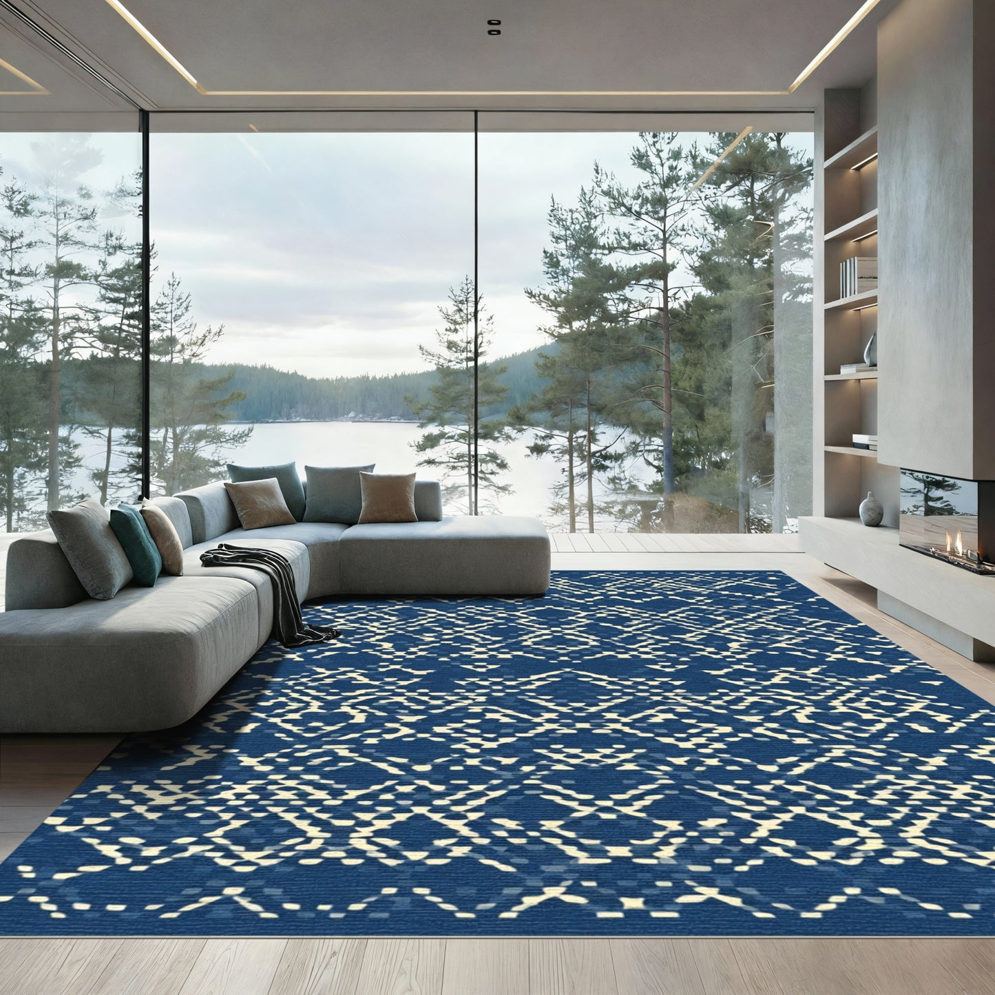 Indigo And Cream Latticework Rug