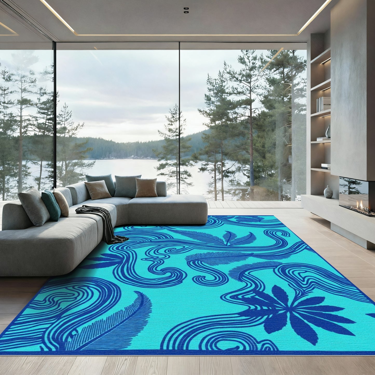 Oceanic Blue Feather Swirl Rug