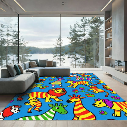 Vibrant Zoo Animals Colorful Stripes Rug