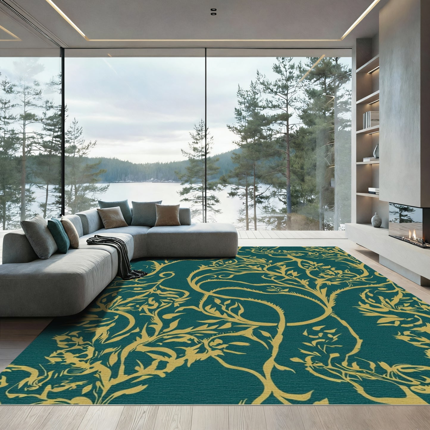 Teal Gold Vine Branches Swirls Rug