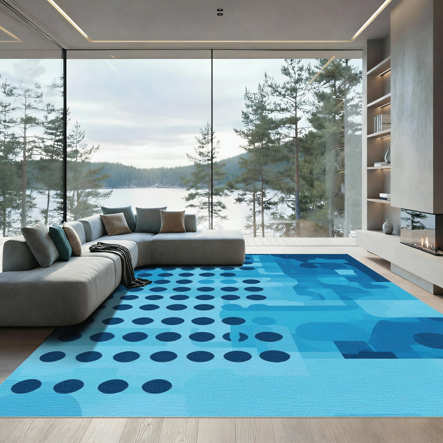 Deep Blue Circle Grid Abstract Rug