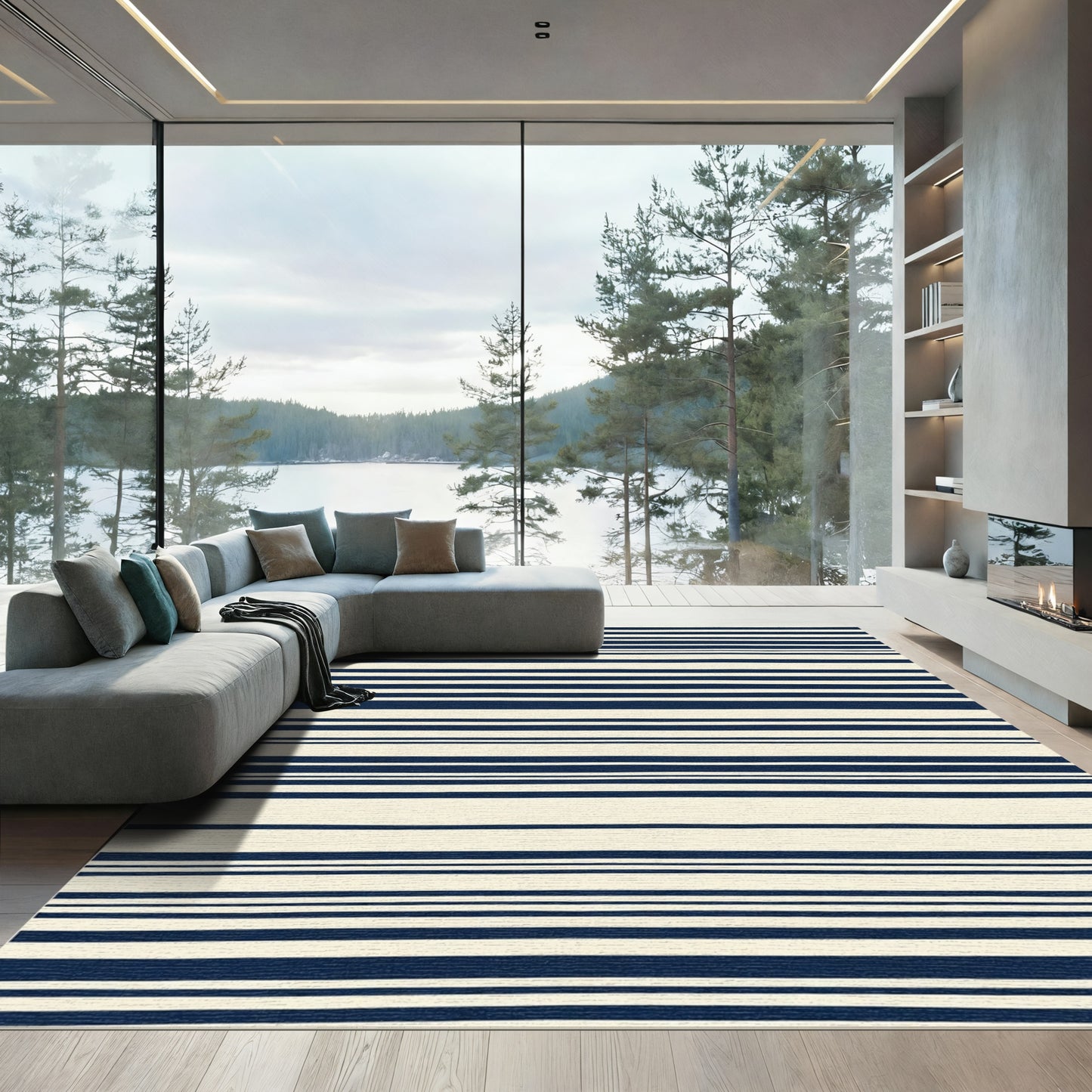 Deep Navy Cream Horizontal Stripe Rug