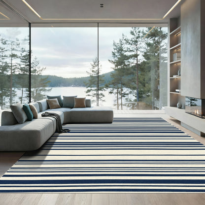 Deep Navy Cream Horizontal Stripe Rug