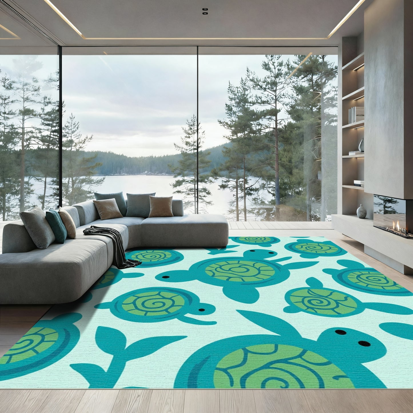 Teal Green Swirling Turtle Family Rug