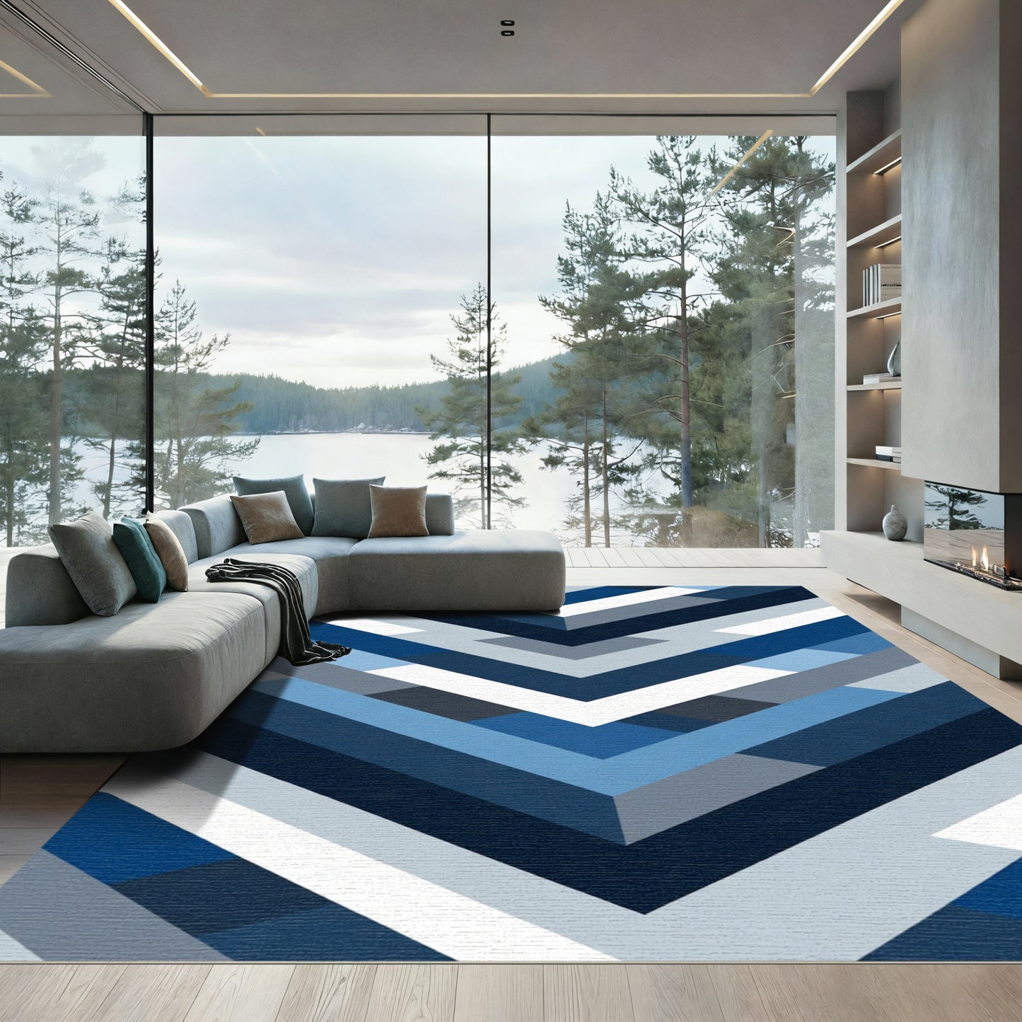 Cool Tones Geometric Chevron Rug