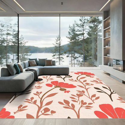 Warm Coral Floral Branch Composition Rug