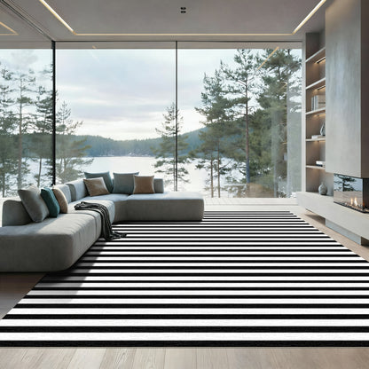 Black White Horizontal Line Stripe Rug
