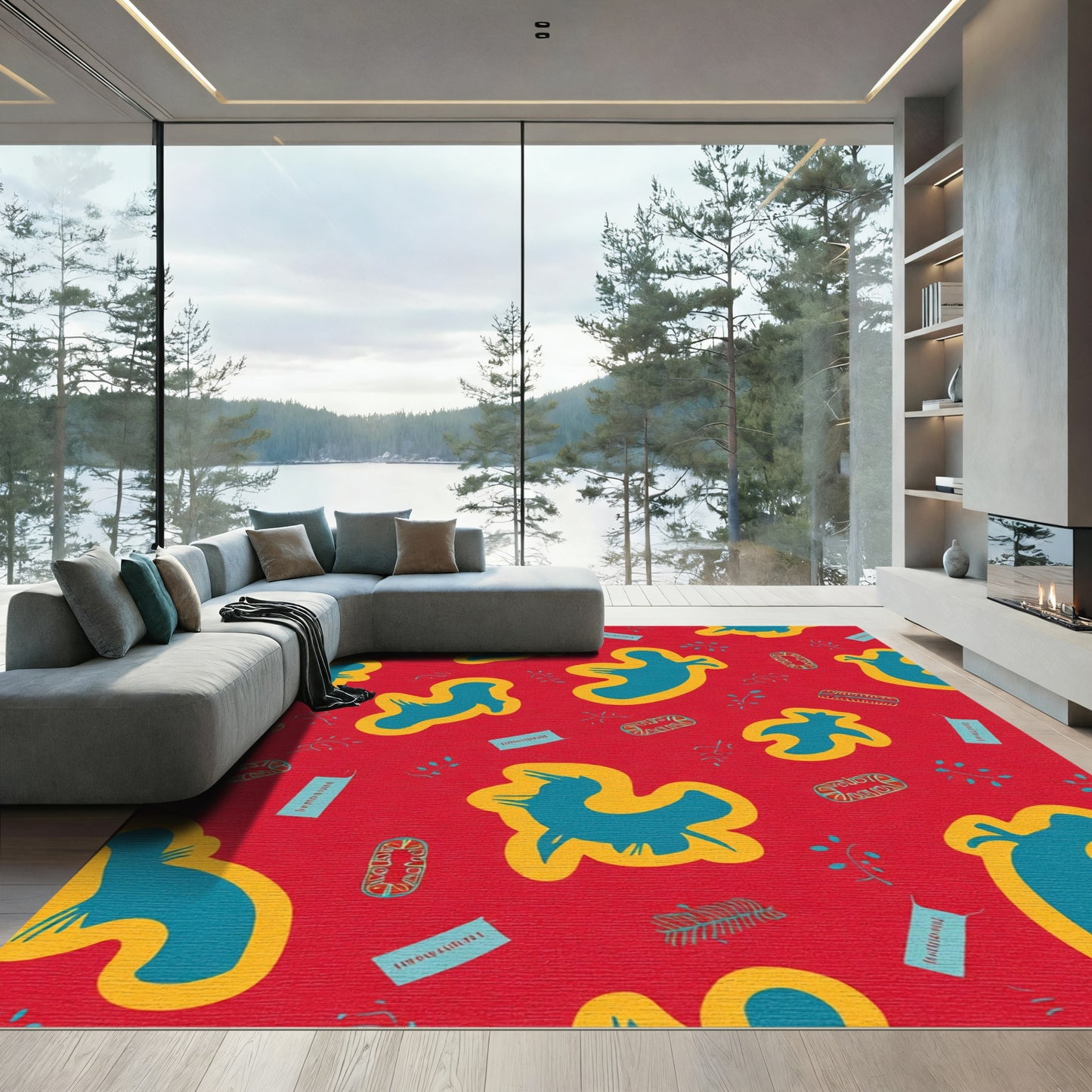 Red Blue Abstract Bird Shapes Rug
