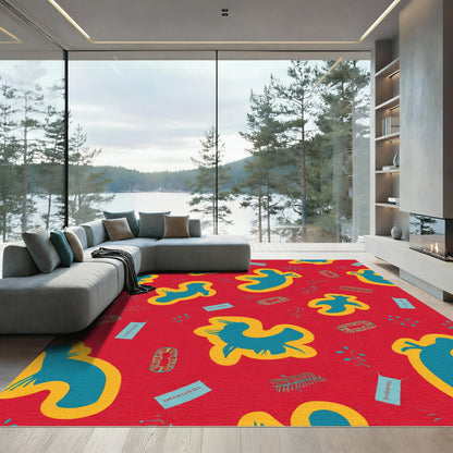 Red Blue Abstract Bird Shapes Rug