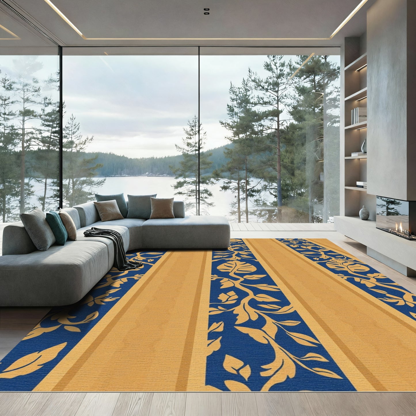 Bold Blue Golden Vine Stripe Rug