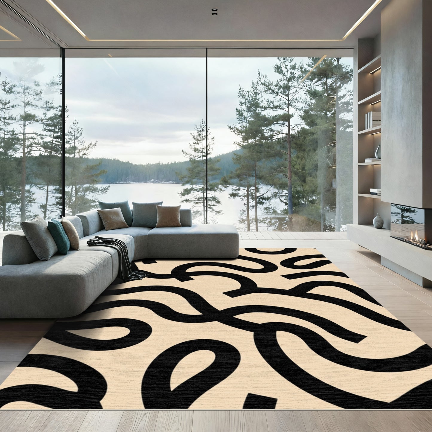 Black Wavy Lines Abstract Cream Rug