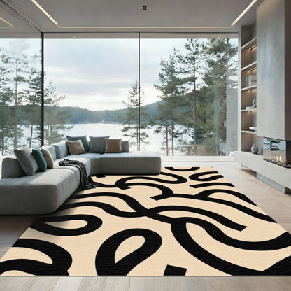 Black Wavy Lines Abstract Cream Rug