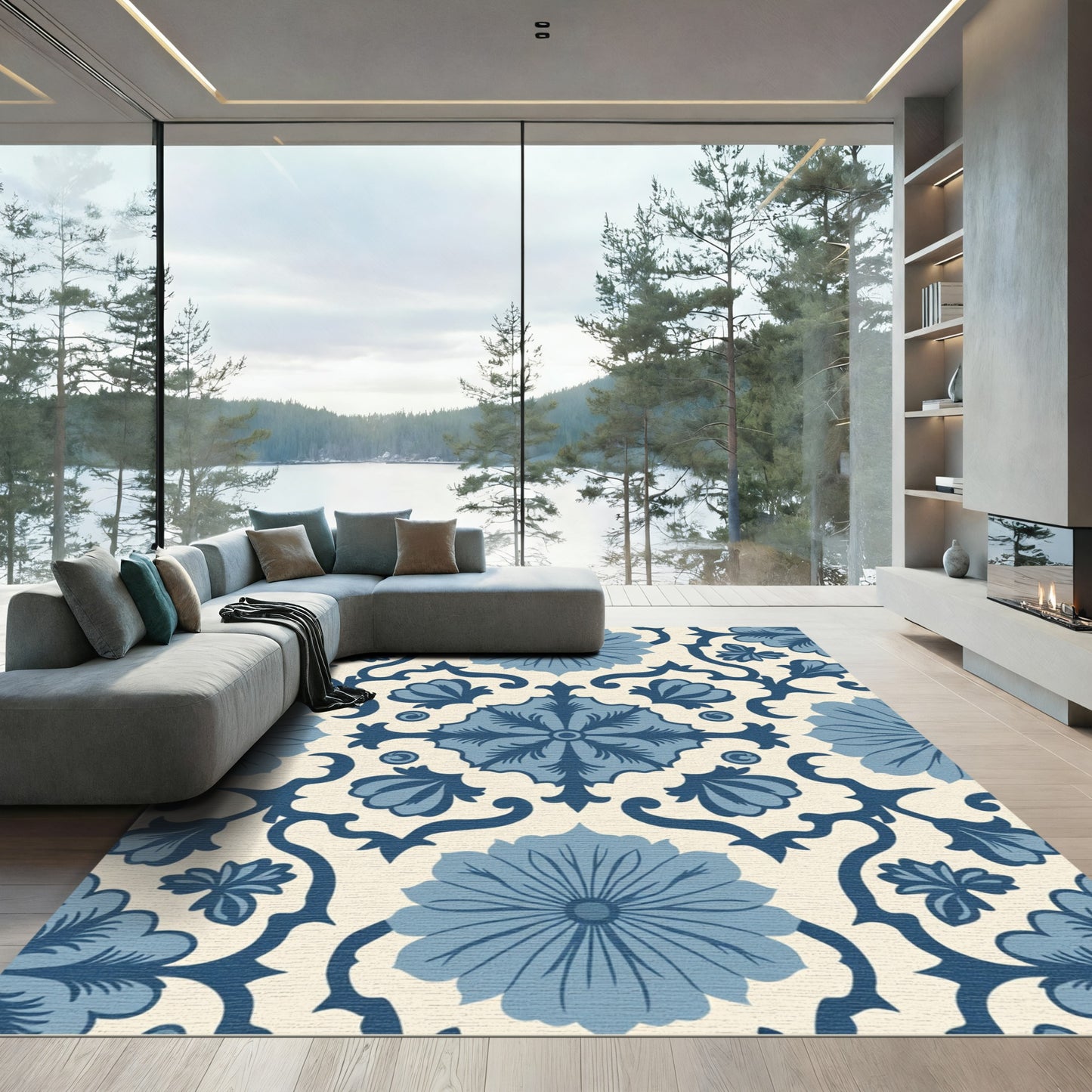 Blue Floral Medallion Vine Arrangement Rug