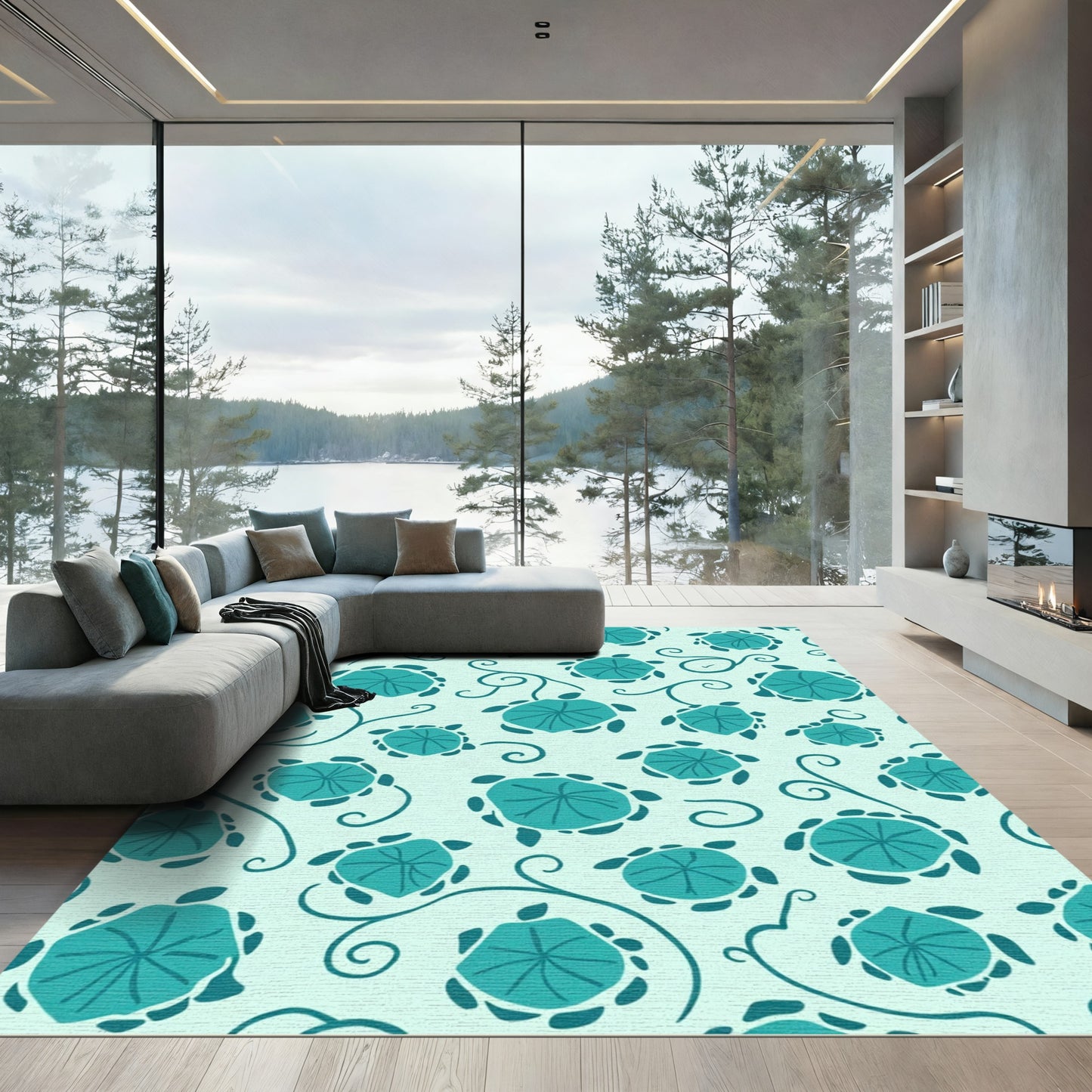 Teal Turtle Botanical Swirl Rug