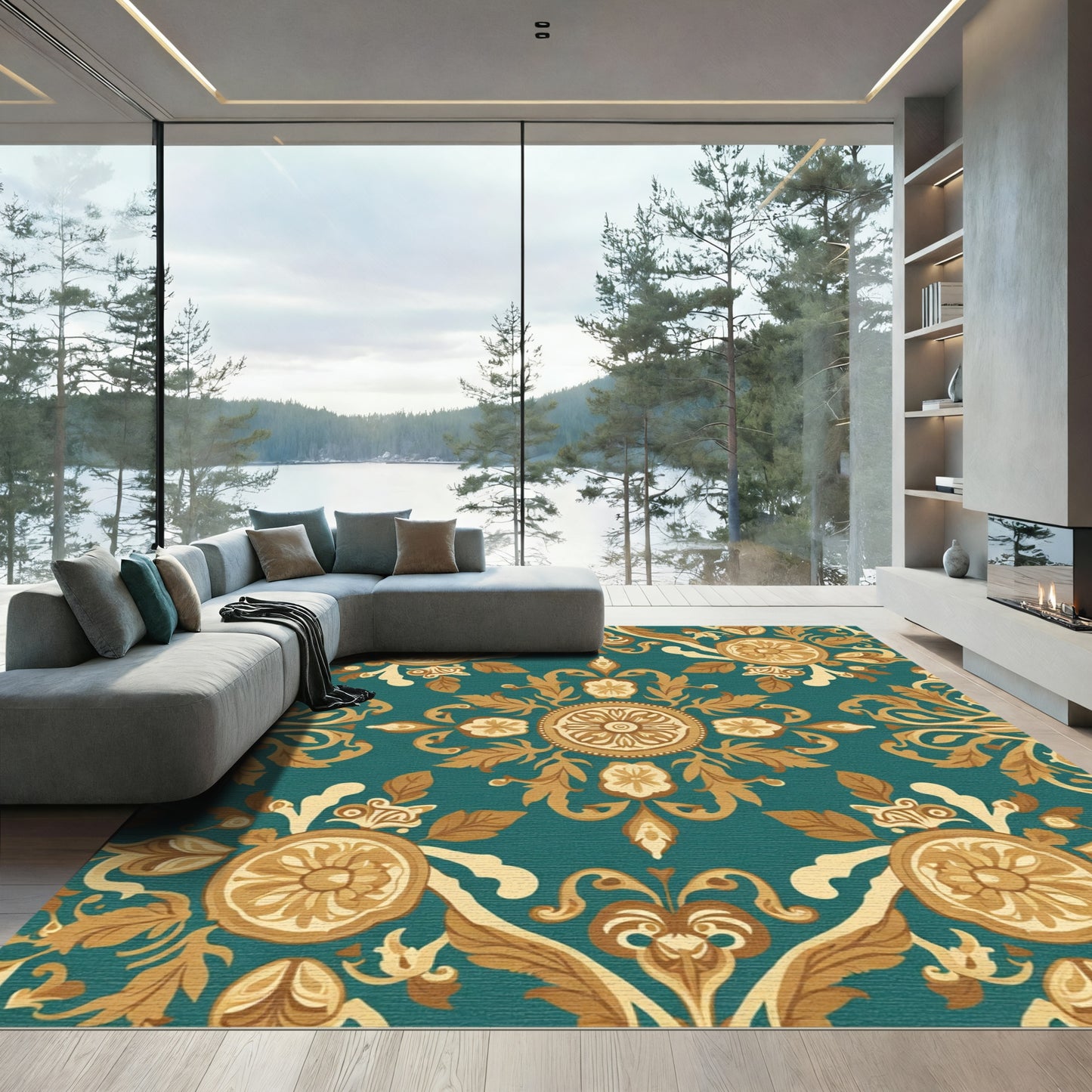 Teal and Gold Floral Medallion Rug