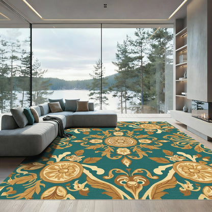 Teal and Gold Floral Medallion Rug