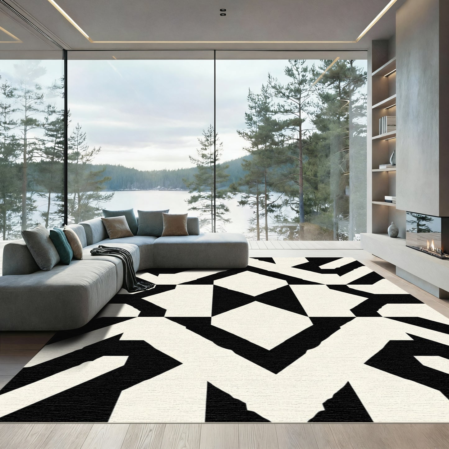 Bold Black Cream Geometric Overlay Rug