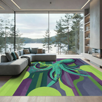 Turquoise Octopus Amidst Abstract Stripes Rug