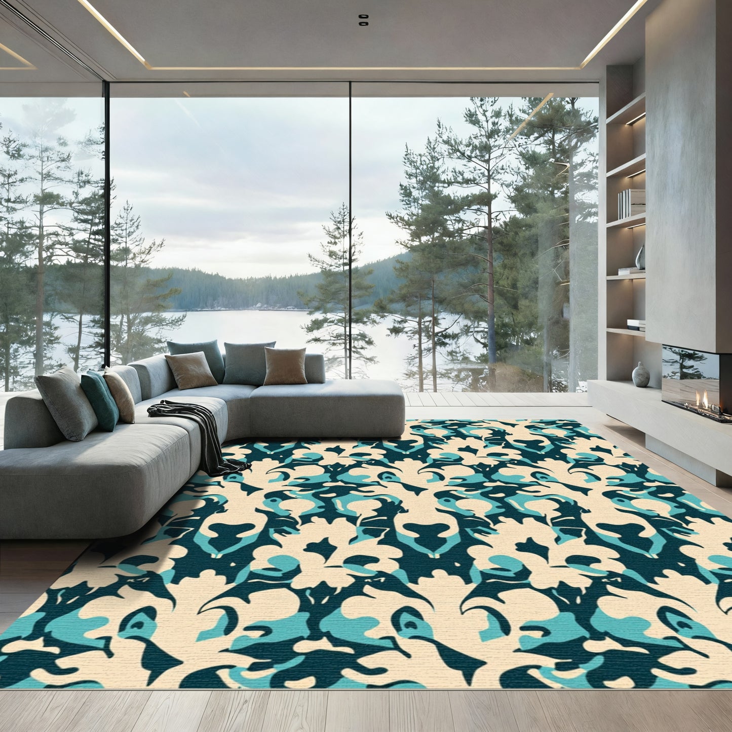 Deep Teal Cream Organic Mirror Rug