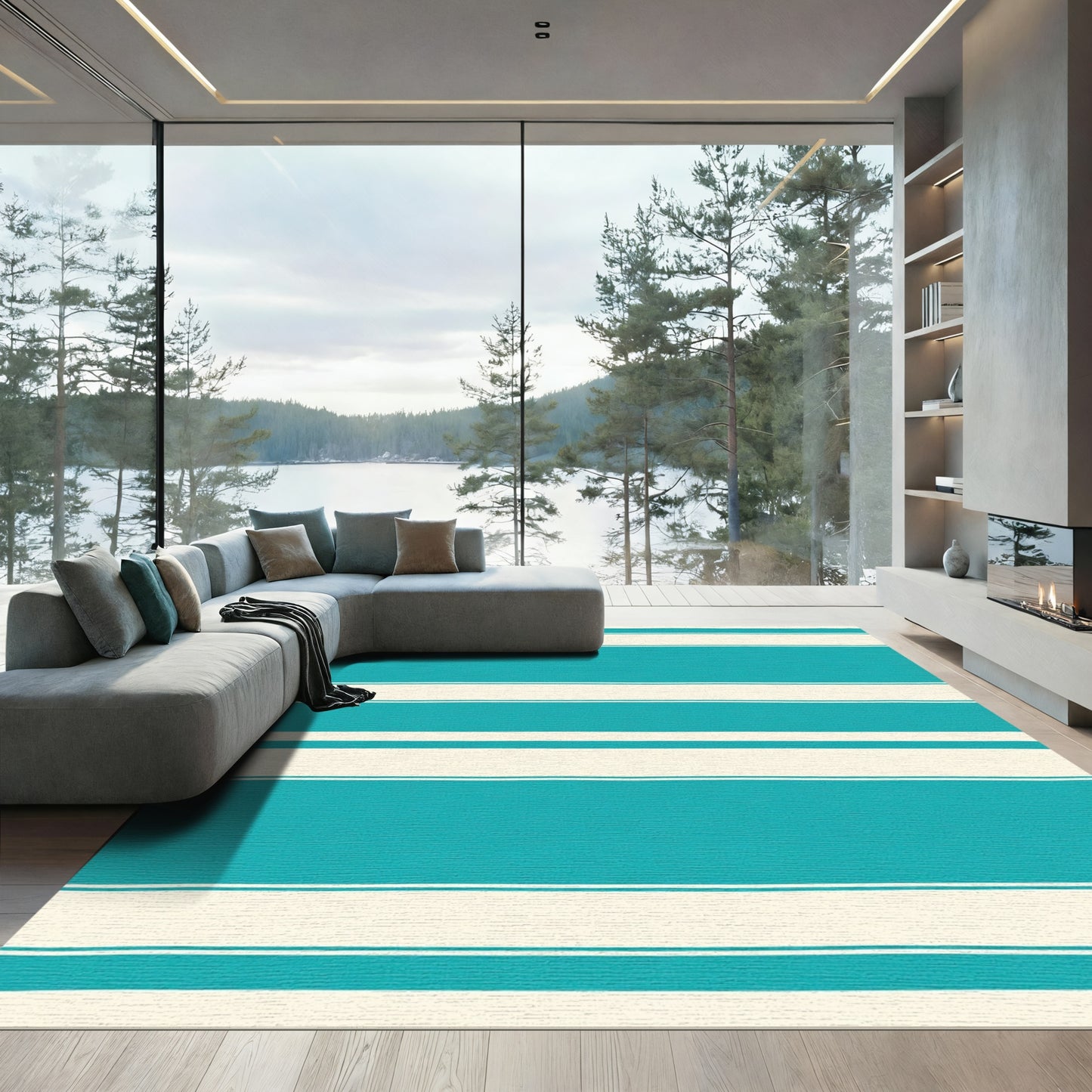 Coastal Teal Cream Bold Stripes Rug