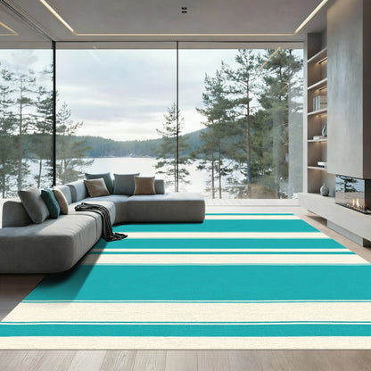 Coastal Teal Cream Bold Stripes Rug