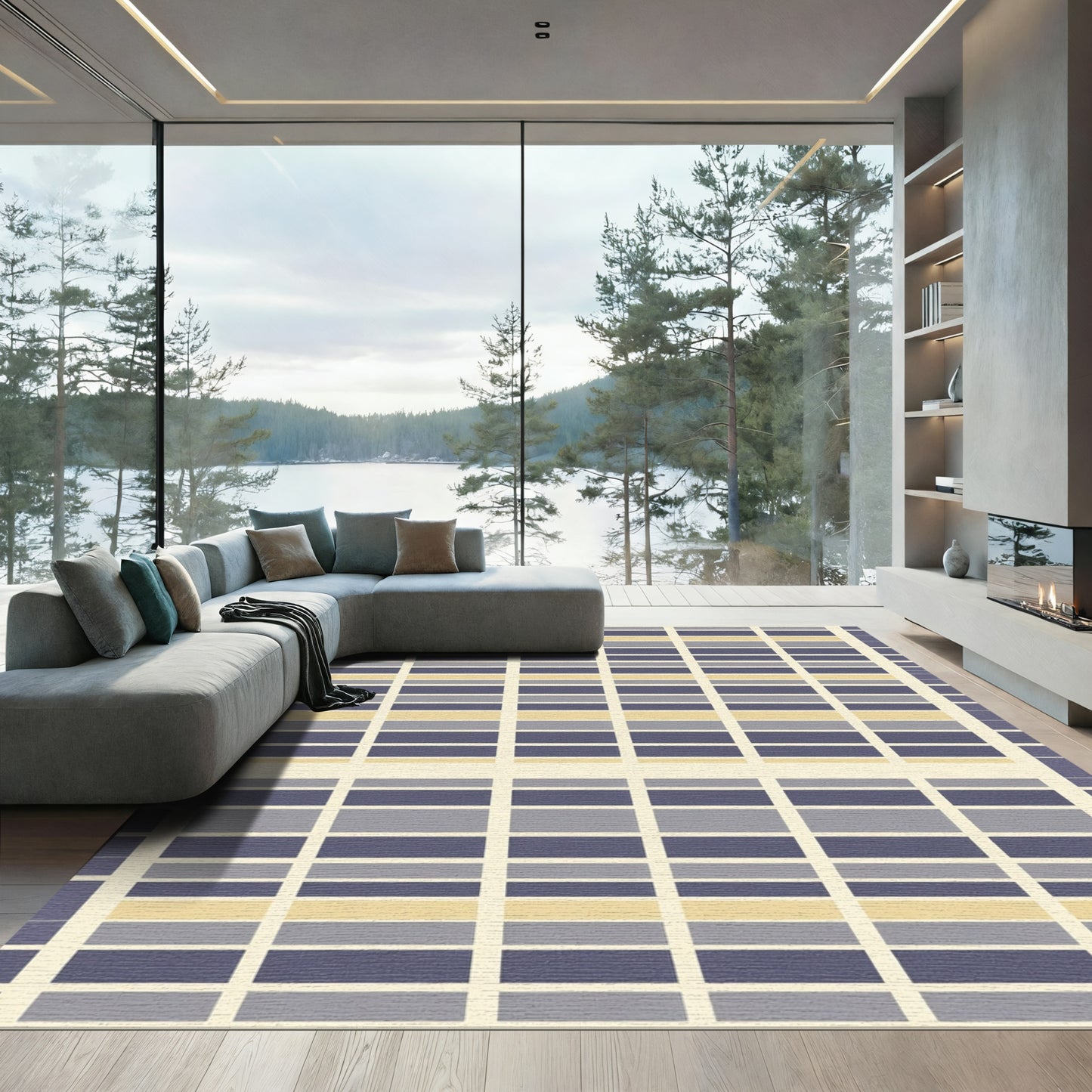 Pale Yellow Blue Gray Stripe Grid Rug