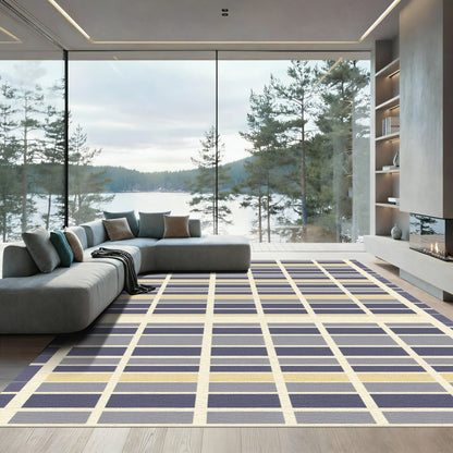 Pale Yellow Blue Gray Stripe Grid Rug