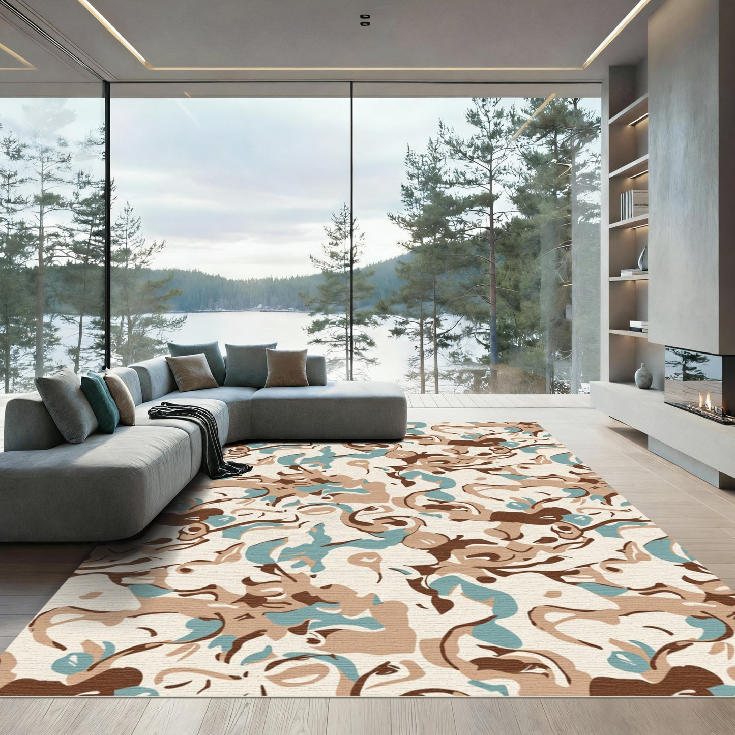 Abstract Tan Blue Brown Swirls Rug