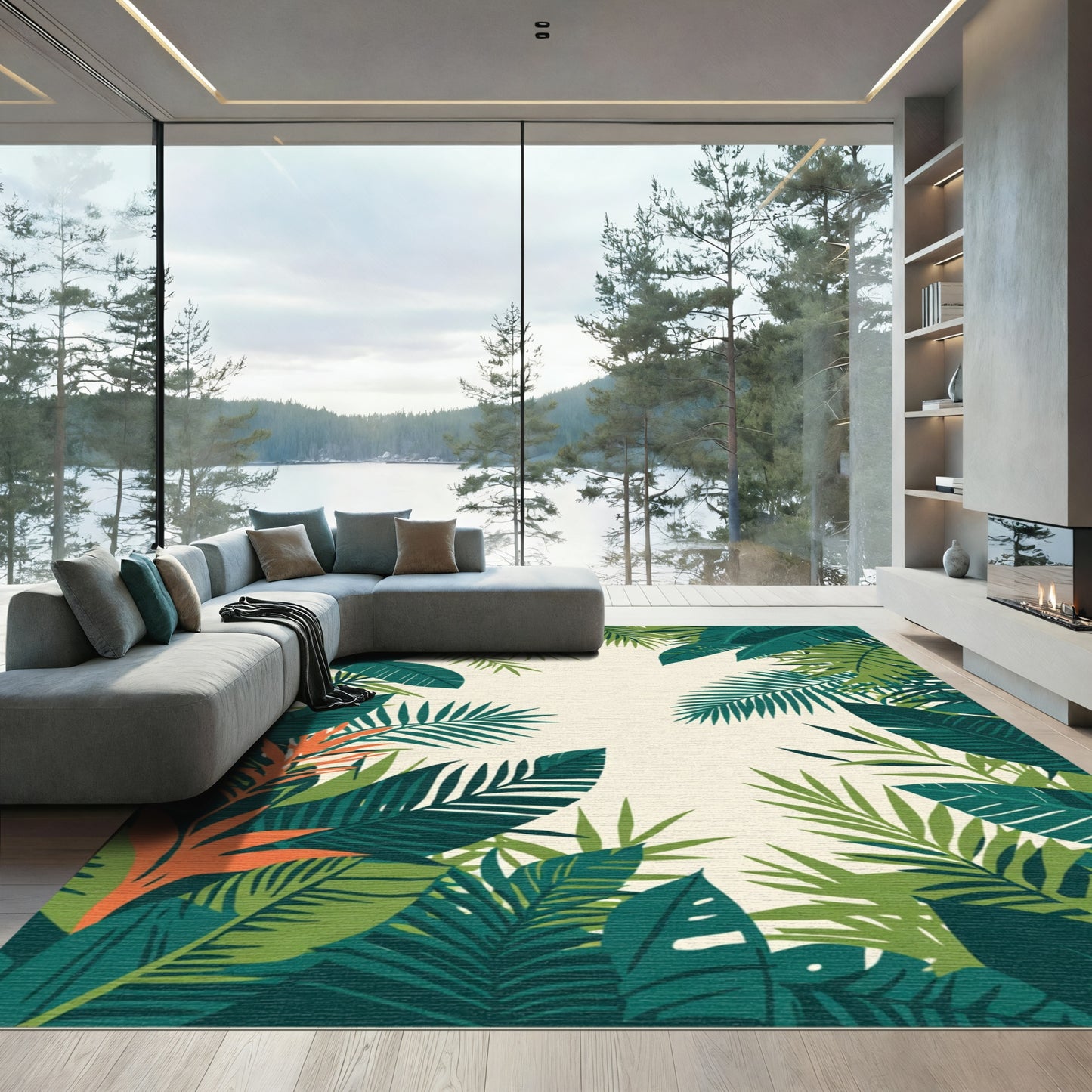 Emerald Green Tropical Leaf Border Rug