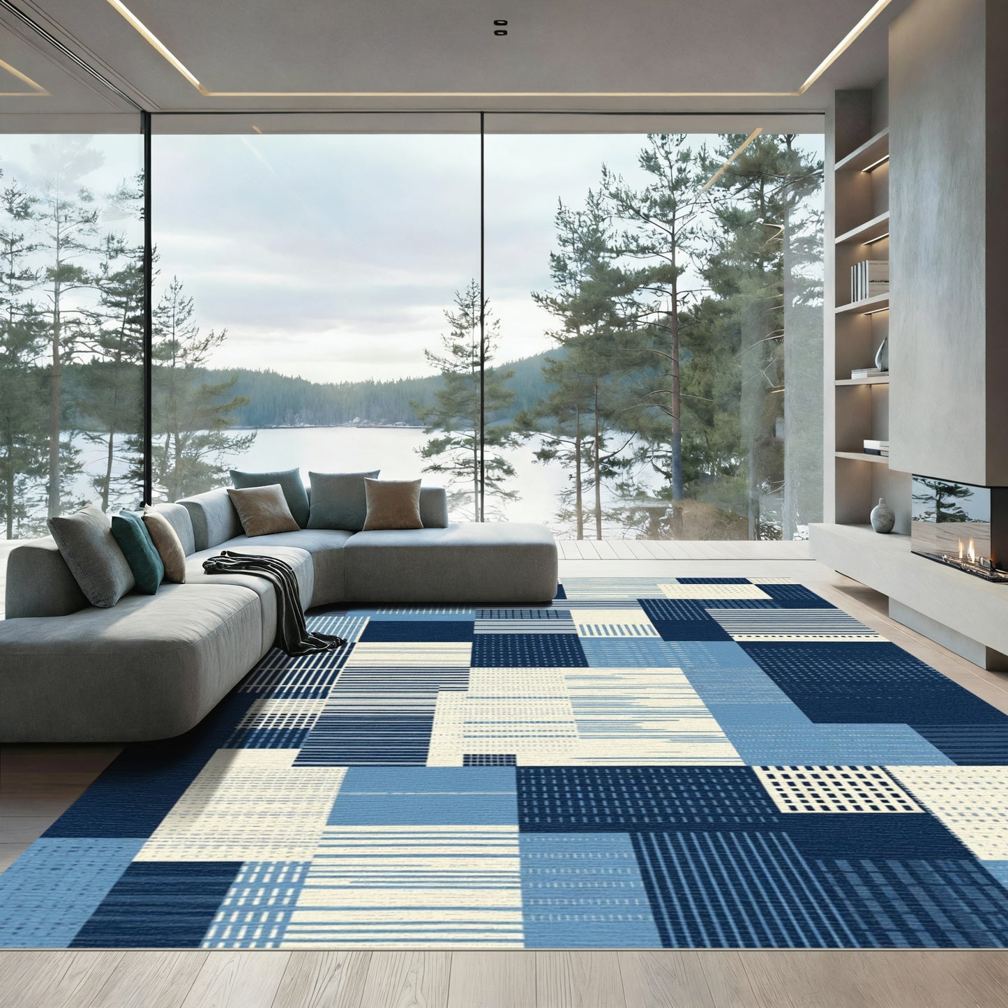 Abstract Blue Stripe Patchwork Rug