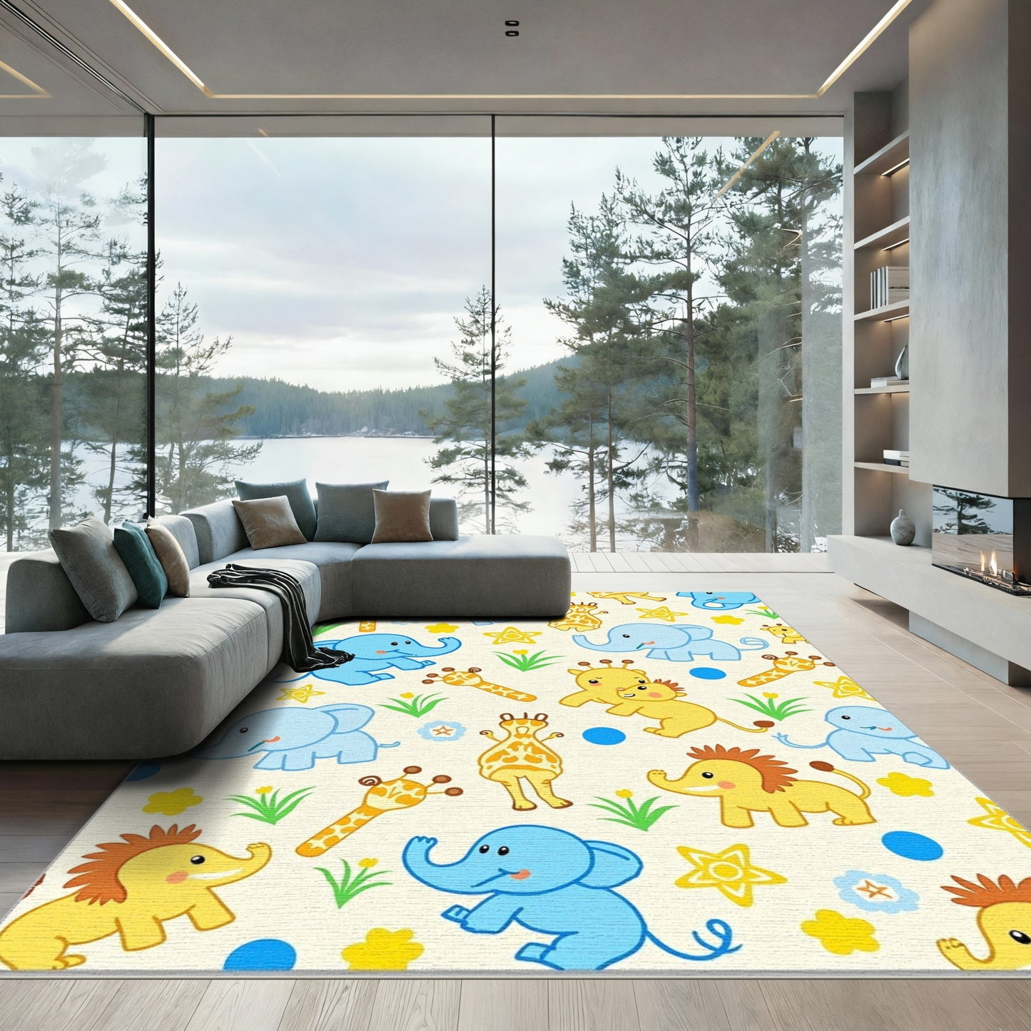 Joyful Blue Elephants Yellow Giraffes Rug