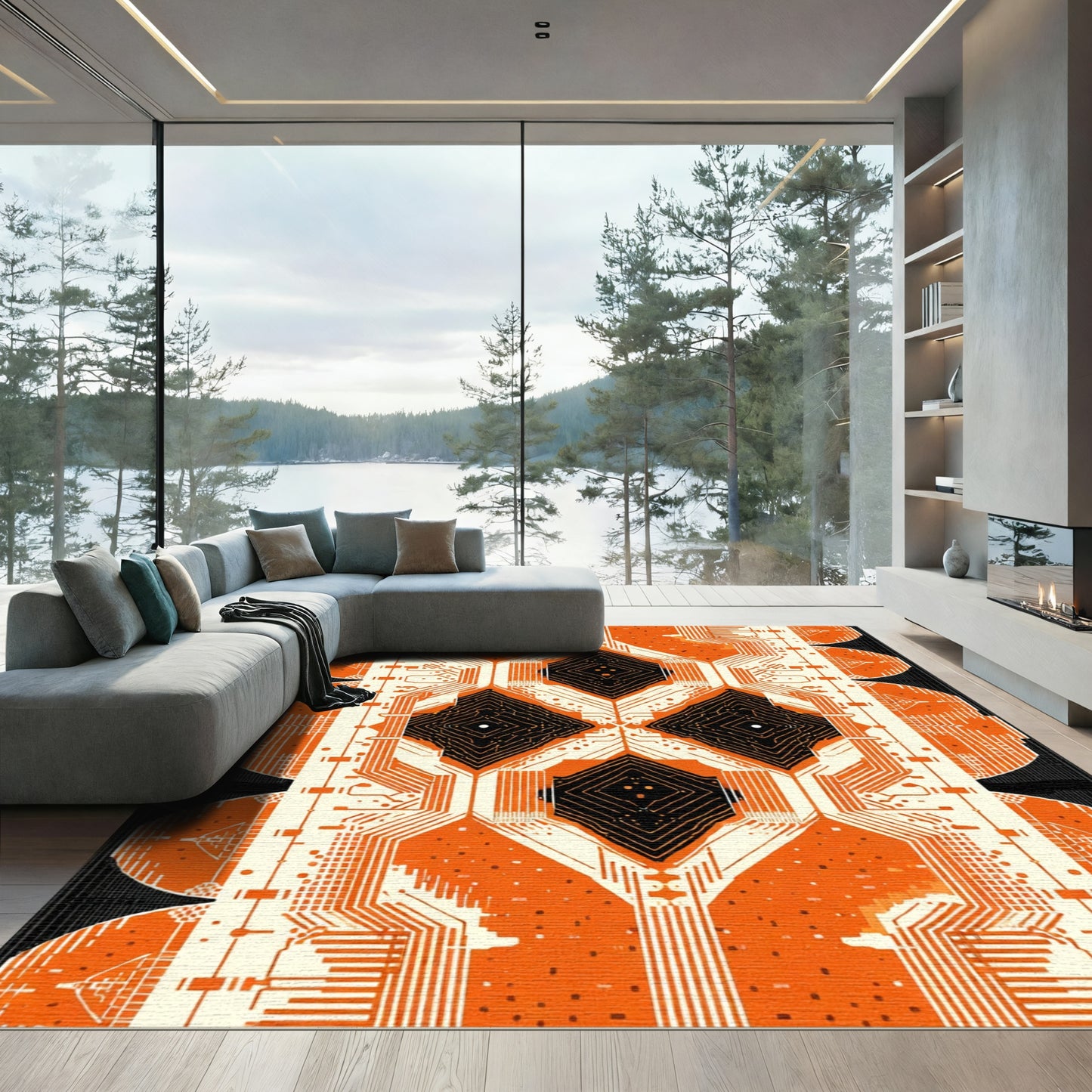 Orange Circuit Board Diamond Medallion Rug
