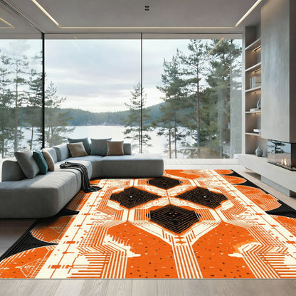 Orange Circuit Board Diamond Medallion Rug