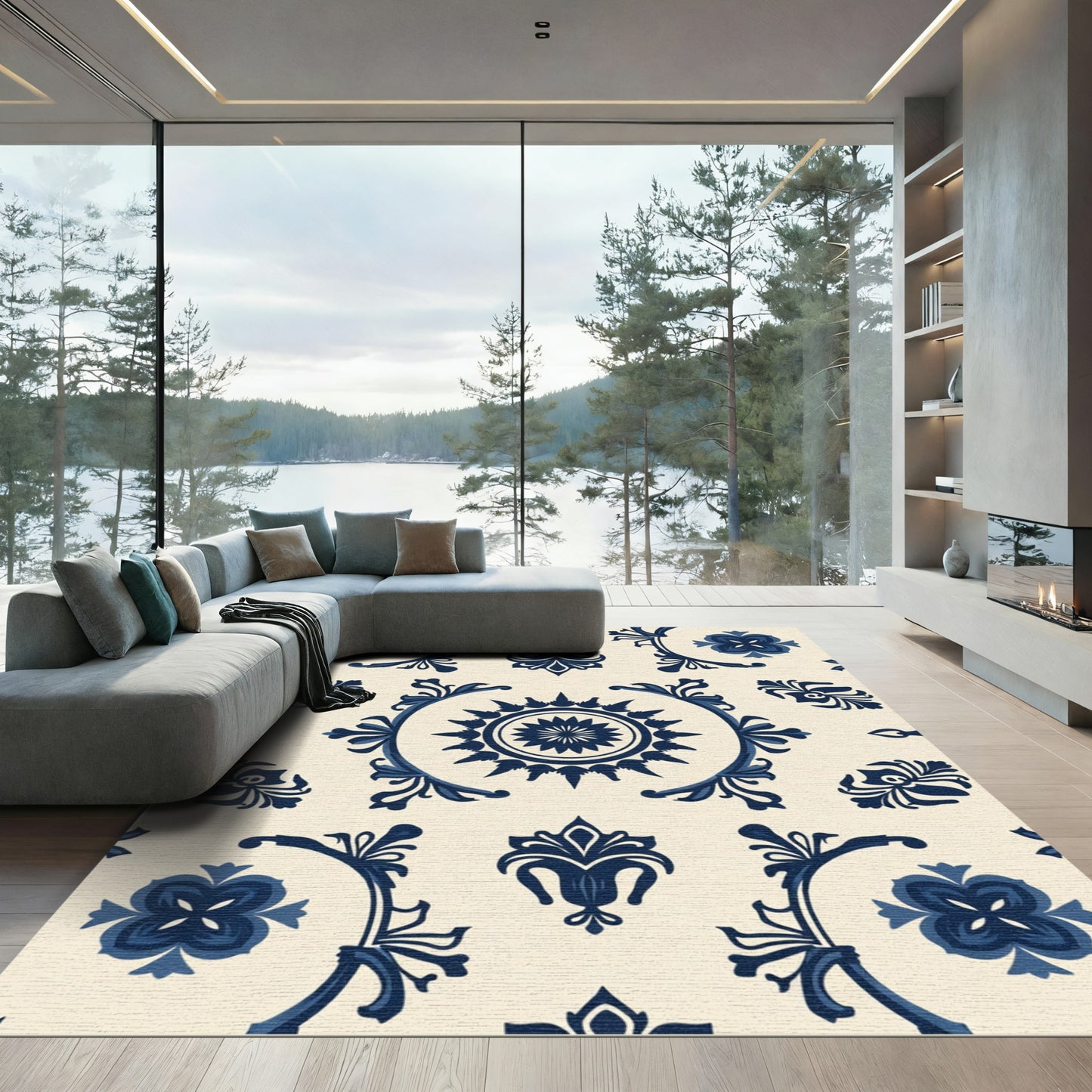 Indigo Floral Medallion Scrollwork Rug