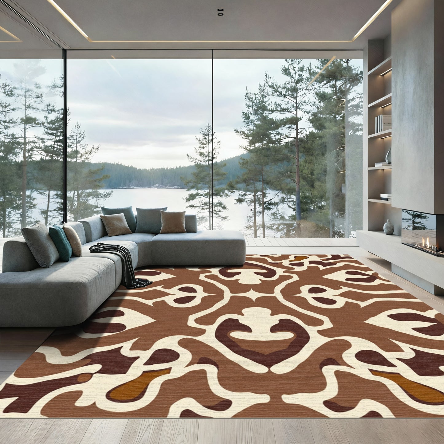 Earthy Brown Abstract Organic Medallion Rug