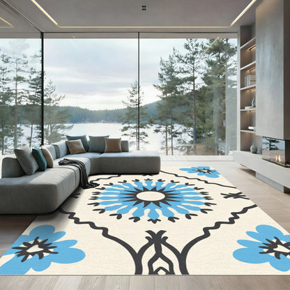 Retro Cyan Floral Diamond Composition Rug