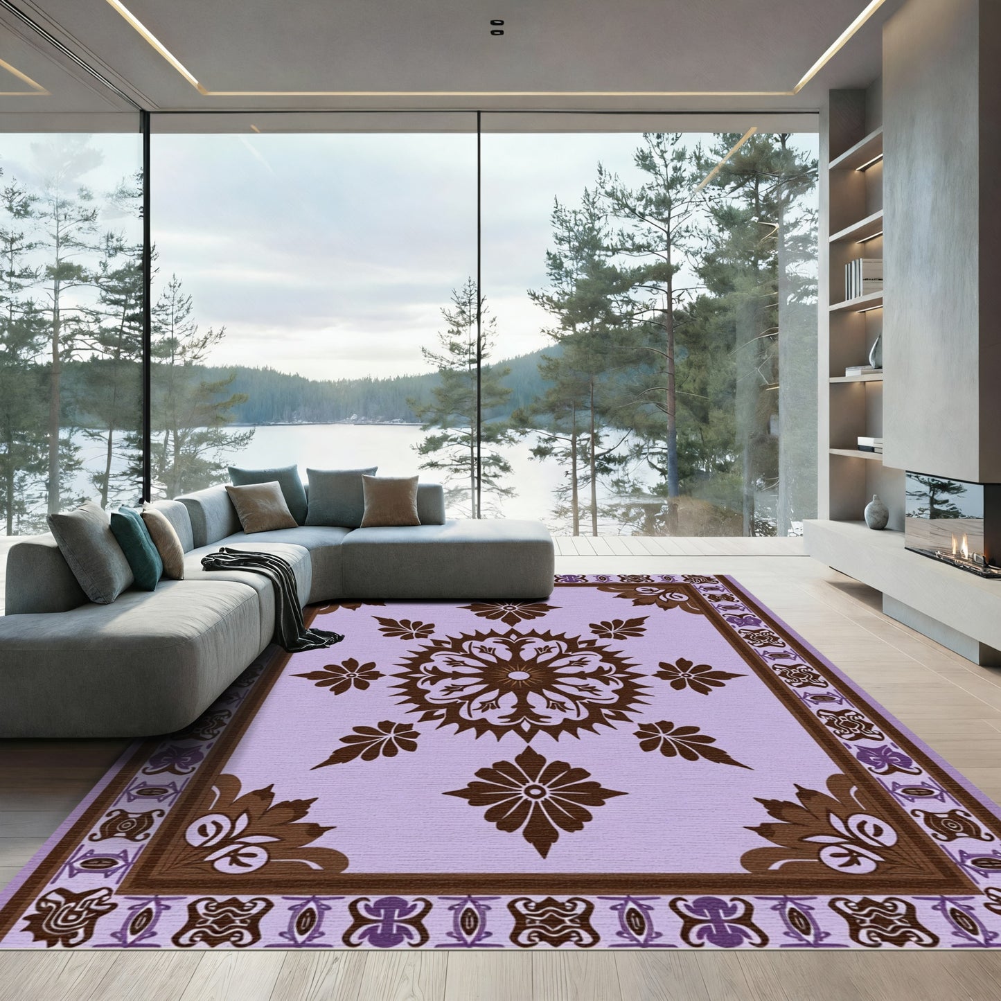 Lavender Brown Floral Mandala Border Rug