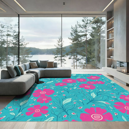 Vibrant Pink Flower Garden Teal Rug