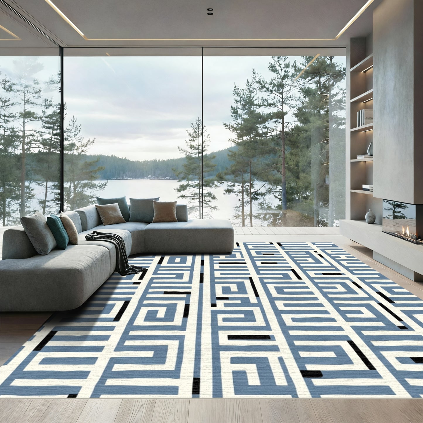 Blue Cream Navigational Maze Rug