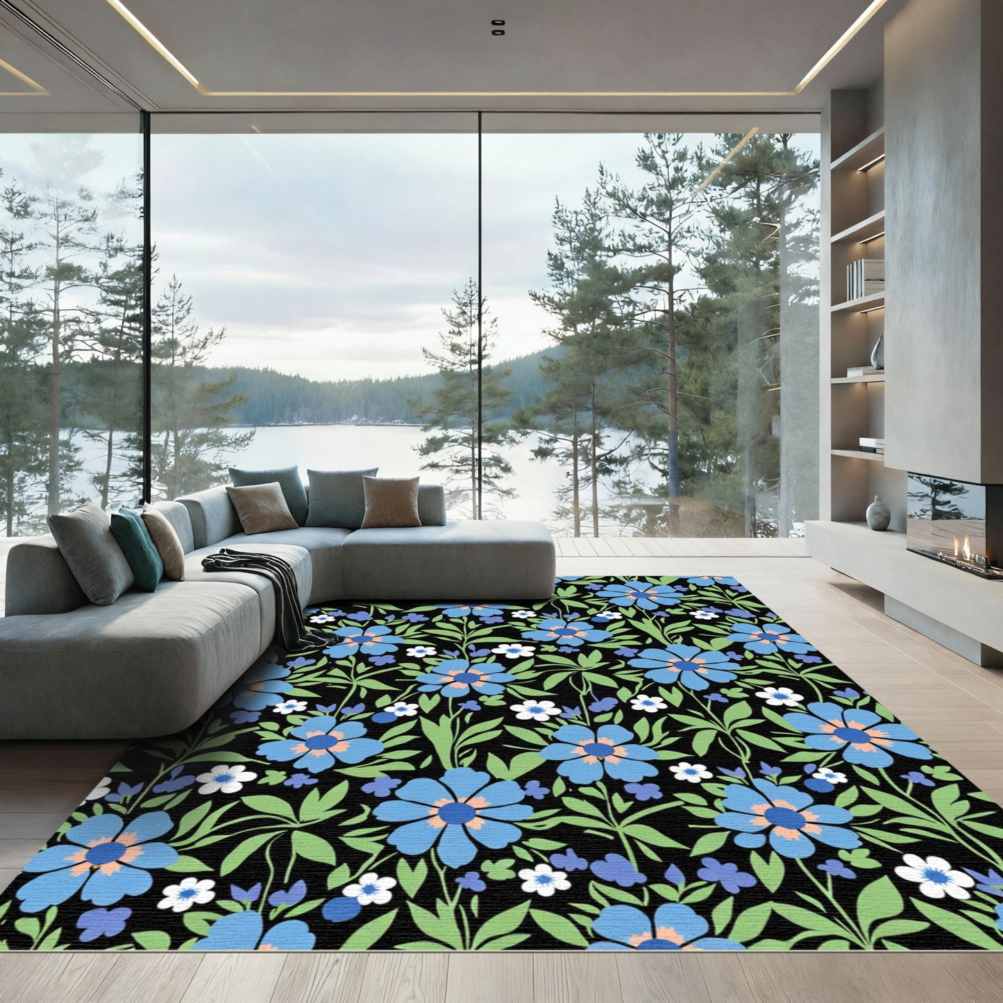 Blue and Peach Floral Garden Black Rug