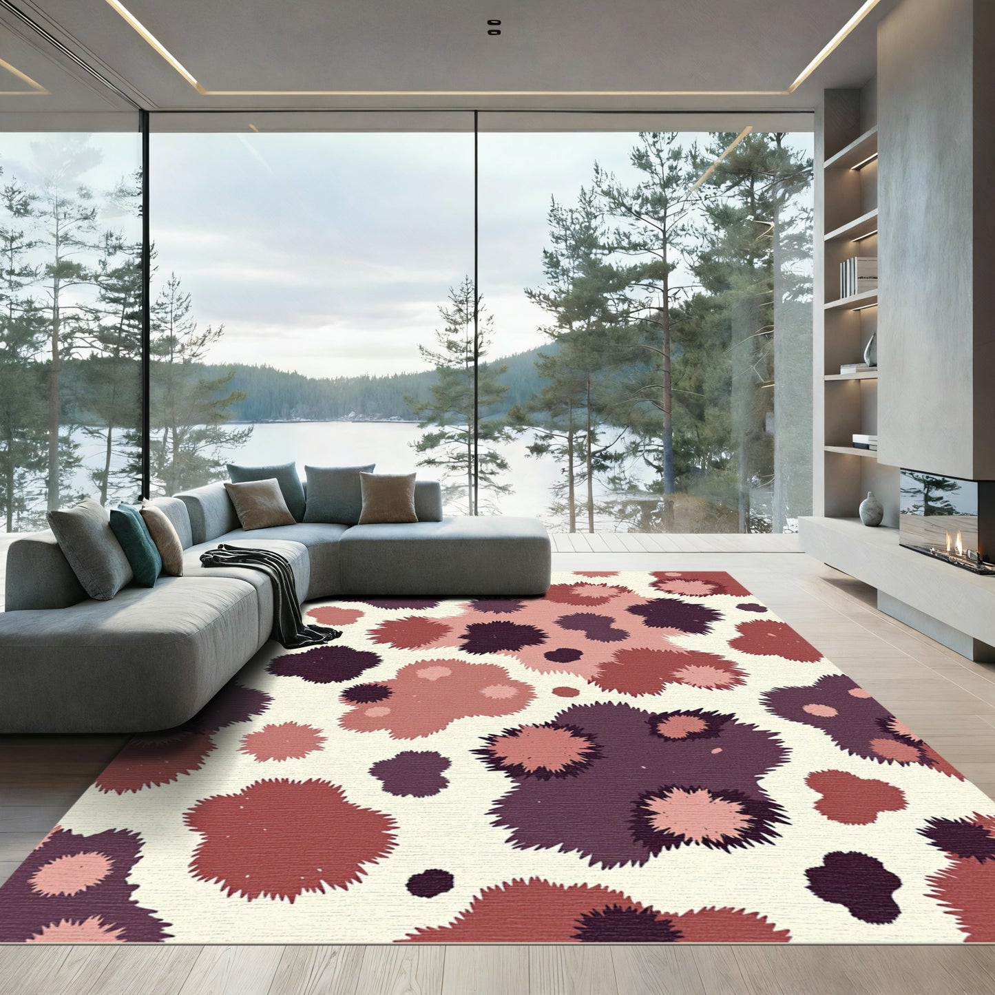 Spiky Rust Plum Abstract Blooms Rug