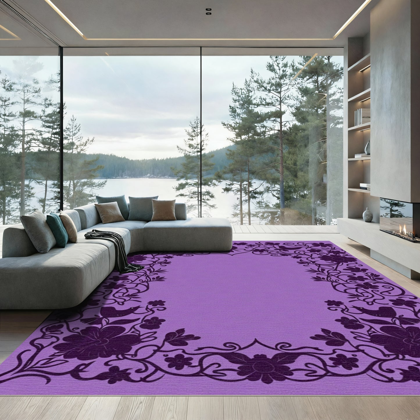Purple Floral Bird Silhouette Border Rug